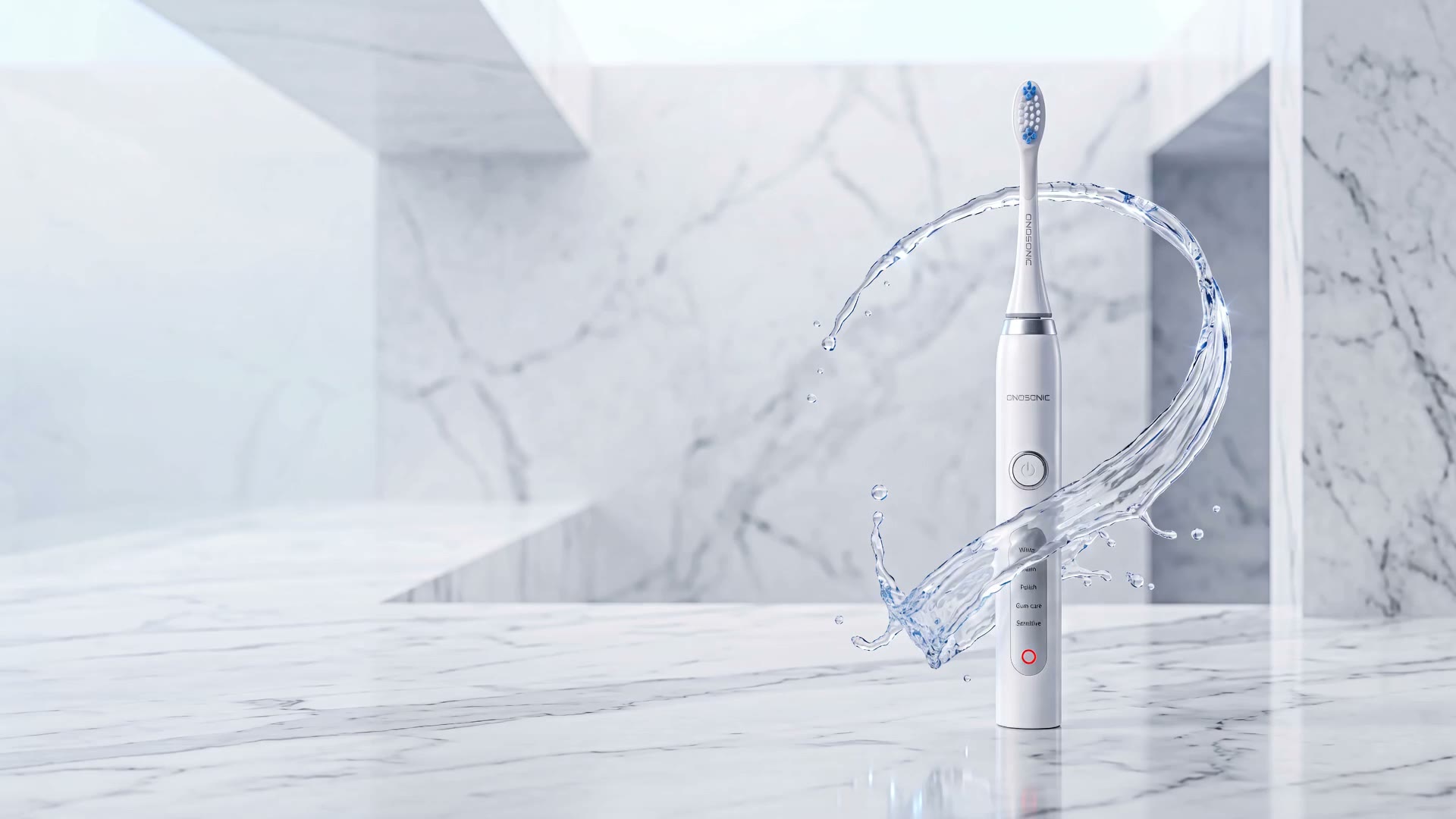 ONOSONIC DX-1 sonic toothbrush on white marble with a sweeping arc of water