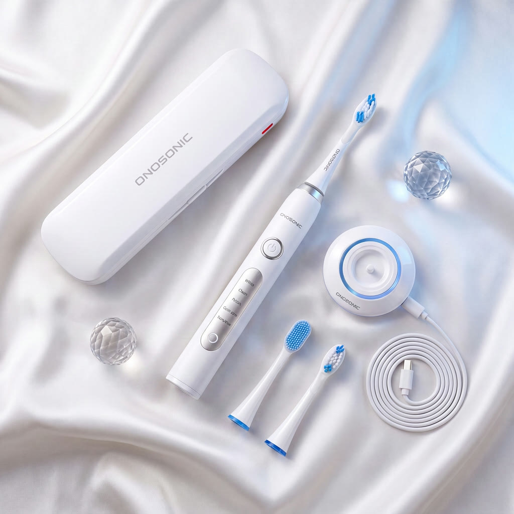 ONOSONIC DX-1 complete kit on silk: handle, charging base with USB cable, charging travel case and spare brush heads